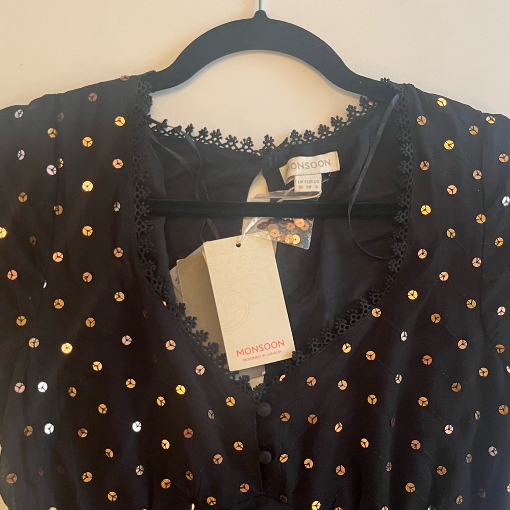 Monsoon Black Midi Dress with Gold sequin and lace detailing - Picture 3 of 9